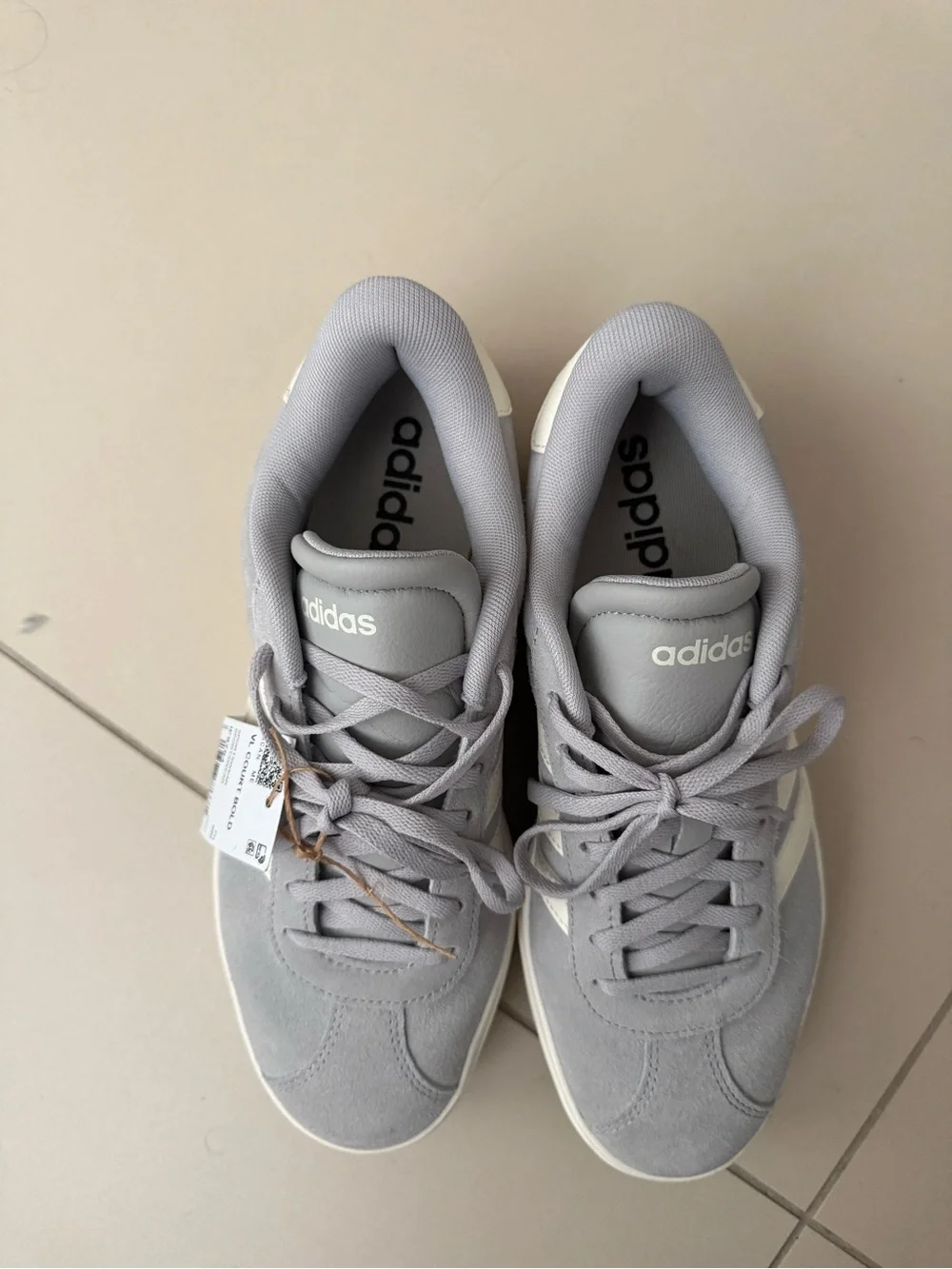 adidas Women’s Light Gray Suede Platform Sneaker with Cream Stripes